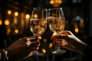 mani di giovane coppia Tenere Champagne bicchieri su festivo oro raggiante bokeh sfondo. celebrazione sfondo con scintillante vino. ai generativo foto
