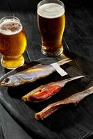 totale salato asciugato ad aria scarafaggio pesce e Due pelato pesce con caviale servito con birra foto