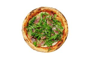 superiore Visualizza di Pizza con prosciutto, Pera, rucola e grattugiato parmigiano isolato su bianca foto