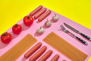 un' lotto di crudo salsicce con pasta e verdure su rosa e giallo sfondo, superiore Visualizza. foto