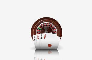 avvicinamento foto di quattro assi in piedi avanti di un' Marrone roulette, isolato su bianca sfondo. giocando carte. gioco d'azzardo intrattenimento.