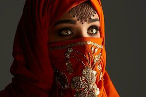 studio tiro di un' giovane affascinante donna indossare il terracotta hijab decorato con paillettes e gioielleria. Arabo stile. foto