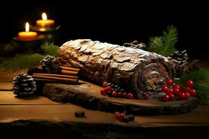 ai generato classico periodo natalizio log un' festivo trattare Natale torta lanciato e ornato per un' delizioso celebrazione ai generato foto