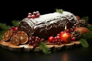 ai generato classico periodo natalizio log un' festivo trattare Natale torta lanciato e ornato per un' delizioso celebrazione ai generato foto