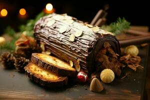 ai generato classico periodo natalizio log un' festivo trattare Natale torta lanciato e ornato per un' delizioso celebrazione ai generato foto