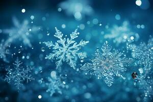 ai generato i fiocchi di neve con grazia decorazione un' inverno Paese delle meraviglie Natale neve leggero sfondo ai generato foto