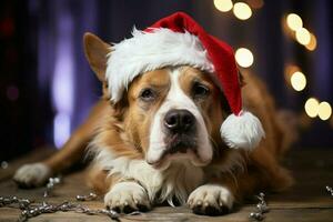 ai generato Natale feste con un' amabile cane festeggiare con festivo decorazioni e vacanza gioia ai generato foto