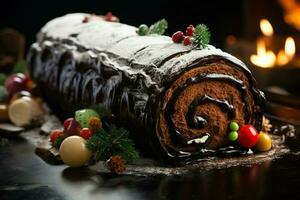 ai generato classico periodo natalizio log un' festivo trattare Natale torta lanciato e ornato per un' delizioso celebrazione ai generato foto