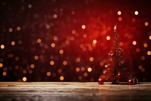 ai generato magico vacanza Natale fondale un' scintillante albero e bokeh luci su rosso ai generato foto