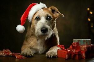 ai generato Natale feste con un' amabile cane festeggiare con festivo decorazioni e vacanza gioia ai generato foto