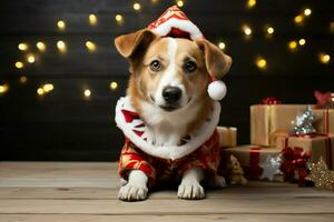 ai generato Natale feste con un' amabile cane festeggiare con festivo decorazioni e vacanza gioia ai generato foto