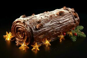 ai generato classico periodo natalizio log un' festivo trattare Natale torta lanciato e ornato per un' delizioso celebrazione ai generato foto