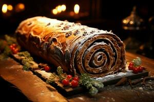 ai generato classico periodo natalizio log un' festivo trattare Natale torta lanciato e ornato per un' delizioso celebrazione ai generato foto