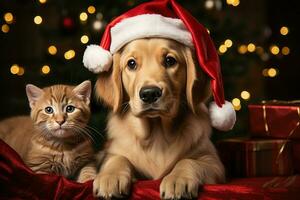 ai generato Natale feste con un' amabile cane festeggiare con festivo decorazioni e vacanza gioia ai generato foto