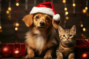 ai generato Natale feste con un' amabile cane festeggiare con festivo decorazioni e vacanza gioia ai generato foto