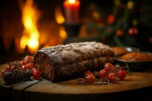 ai generato classico periodo natalizio log un' festivo trattare Natale torta lanciato e ornato per un' delizioso celebrazione ai generato foto