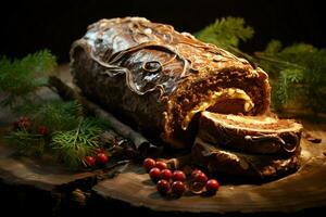 ai generato classico periodo natalizio log un' festivo trattare Natale torta lanciato e ornato per un' delizioso celebrazione ai generato foto