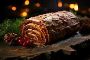 ai generato classico periodo natalizio log un' festivo trattare Natale torta lanciato e ornato per un' delizioso celebrazione ai generato foto