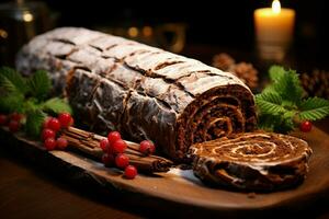 ai generato classico periodo natalizio log un' festivo trattare Natale torta lanciato e ornato per un' delizioso celebrazione ai generato foto