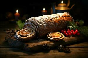 ai generato classico periodo natalizio log un' festivo trattare Natale torta lanciato e ornato per un' delizioso celebrazione ai generato foto