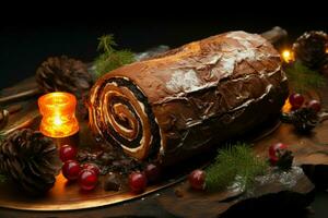 ai generato classico periodo natalizio log un' festivo trattare Natale torta lanciato e ornato per un' delizioso celebrazione ai generato foto