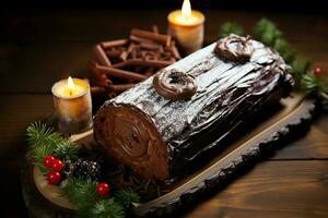 ai generato classico periodo natalizio log un' festivo trattare Natale torta lanciato e ornato per un' delizioso celebrazione ai generato foto