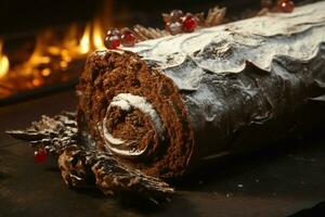 ai generato classico periodo natalizio log un' festivo trattare Natale torta lanciato e ornato per un' delizioso celebrazione ai generato foto