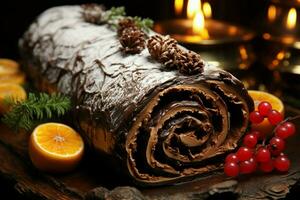 ai generato classico periodo natalizio log un' festivo trattare Natale torta lanciato e ornato per un' delizioso celebrazione ai generato foto