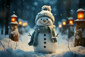 ai generato affascinante pupazzo di neve araldi Natale celebrazione vacanza rallegrare ai generato foto