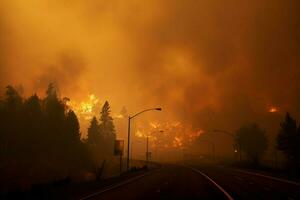 wildfire foresta fuoco inghiotte boschi fuoco si diffonde selvaggiamente ai generato foto