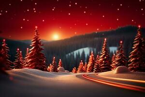ai generato magico vacanza Natale fondale un' scintillante albero e bokeh luci su rosso ai generato foto