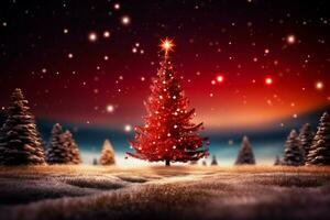 ai generato magico vacanza Natale fondale un' scintillante albero e bokeh luci su rosso ai generato foto