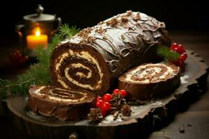 ai generato classico periodo natalizio log un' festivo trattare Natale torta lanciato e ornato per un' delizioso celebrazione ai generato foto