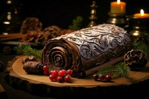 ai generato classico periodo natalizio log un' festivo trattare Natale torta lanciato e ornato per un' delizioso celebrazione ai generato foto