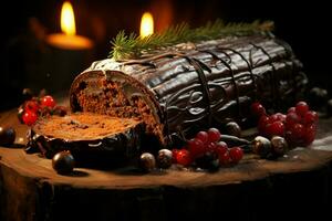 ai generato classico periodo natalizio log un' festivo trattare Natale torta lanciato e ornato per un' delizioso celebrazione ai generato foto