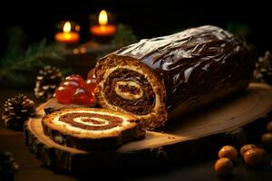 ai generato classico periodo natalizio log un' festivo trattare Natale torta lanciato e ornato per un' delizioso celebrazione ai generato foto