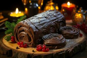 ai generato classico periodo natalizio log un' festivo trattare Natale torta lanciato e ornato per un' delizioso celebrazione ai generato foto