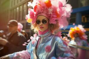 un elegantemente vestito partecipante nel un' fiorito cappello e occhiali da sole cattura il essenza di primavera moda a il Pasqua parata, ai generato foto