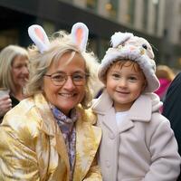 un' nonna e nipotina godendo il feste, tutti e due sportivo carino a tema pasquale copricapo, ai generato foto