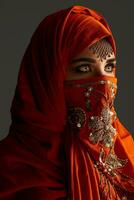 studio tiro di un' giovane affascinante donna indossare il terracotta hijab decorato con paillettes e gioielleria. Arabo stile. foto