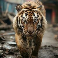 un' Immagine di Sumatra tigre panthera tigri altaica pronto per a caccia generativo ai foto