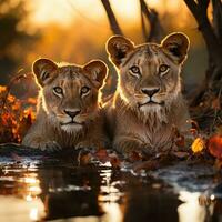 un' avvicinamento di Leone coppia a Alba nel kruger nazionale parco, Sud Africa specie panthera Leo famiglia di felidae generativo ai foto