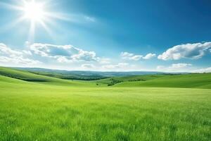 ai generato paesaggio di verde erba campo con blu cielo e piccolo colline , estate natura paesaggio sfondo, ai generativo foto