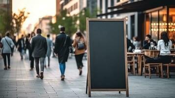 ai generato vuoto lavagna cartello modello nel davanti di un' ristorante , menù tavola con un' strada bar o ristorante, ai generativo foto