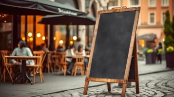 ai generato vuoto lavagna cartello modello nel davanti di un' ristorante , menù tavola con un' strada bar o ristorante, ai generativo foto