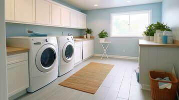 ai generato interno pulito bianca lavanderia camera con davanti caricare rondella e asciugatrice unità , condominio, casa, ai generativo foto