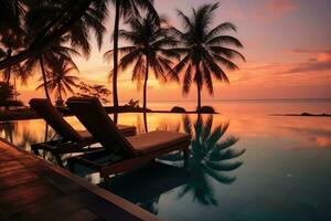 ai generato bellissimo tramonto nuoto piscina nel Hotel ricorrere , silhouette lusso nuoto piscina con palma alberi spiaggia a notte tramonto volta, ai generativo foto