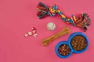 giocattoli -multi colorato corda, sfera, asciutto cibo e osso. Accessori per giocare su rosa sfondo superiore Visualizza foto
