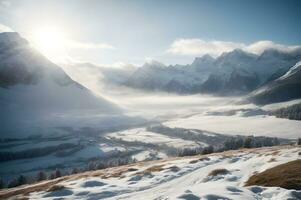 inverno scena cattura il essenza di un' incontaminato innevato valle annidato fra maestoso neve capped montagne. ai generativo foto