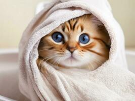 ai generato carino gatto avvolto nel un' bagno asciugamano ai generato foto